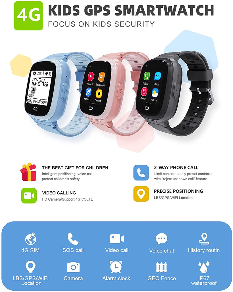 PTHTECHUS T30 Kids Smartwatch 4G with Phone GPS SOS Blue