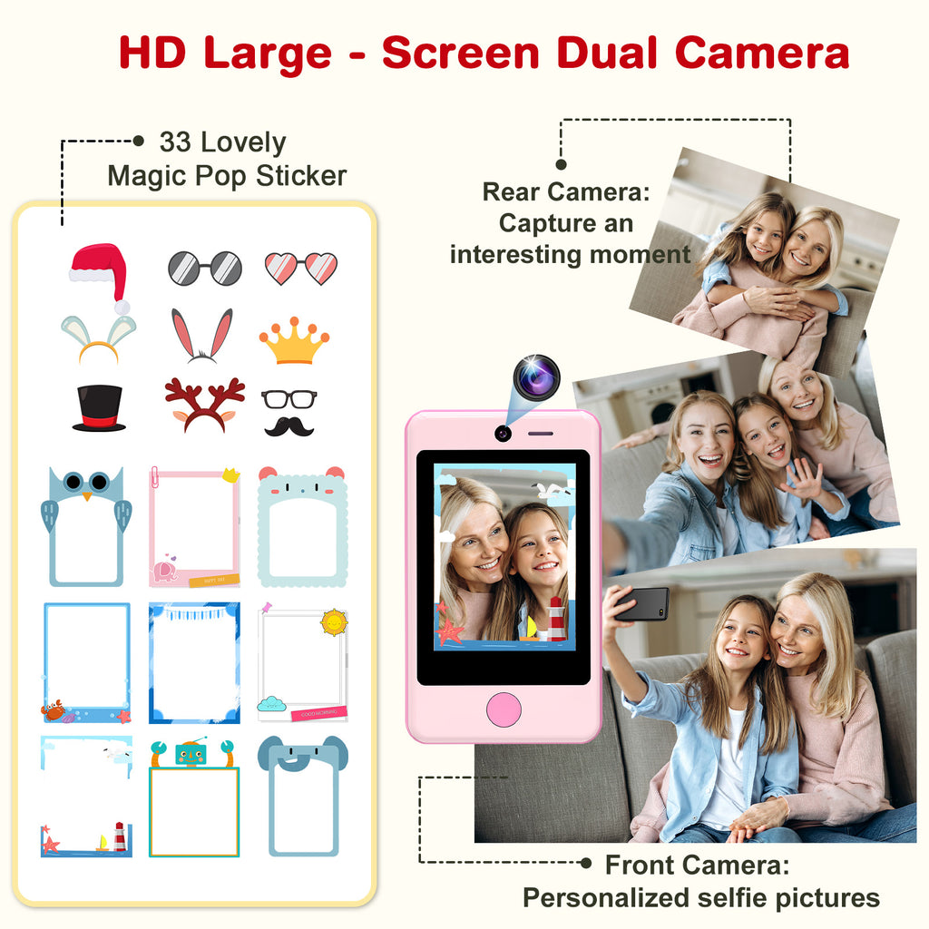 PTHTECHUS P1 2.8" Kids Toy Phone Toddler Phone with Dual Camerafor 3-7 Y/O Pink