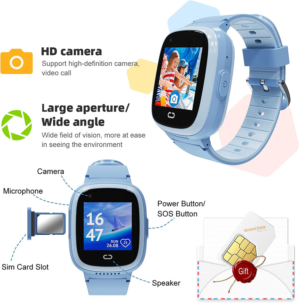 PTHTECHUS T30 Kids Smartwatch 4G with Phone GPS SOS Blue
